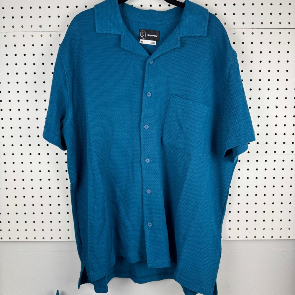 Original Use Mens XL Dark Teal Textured Knit Camp Collar Button Down Shirt NWT